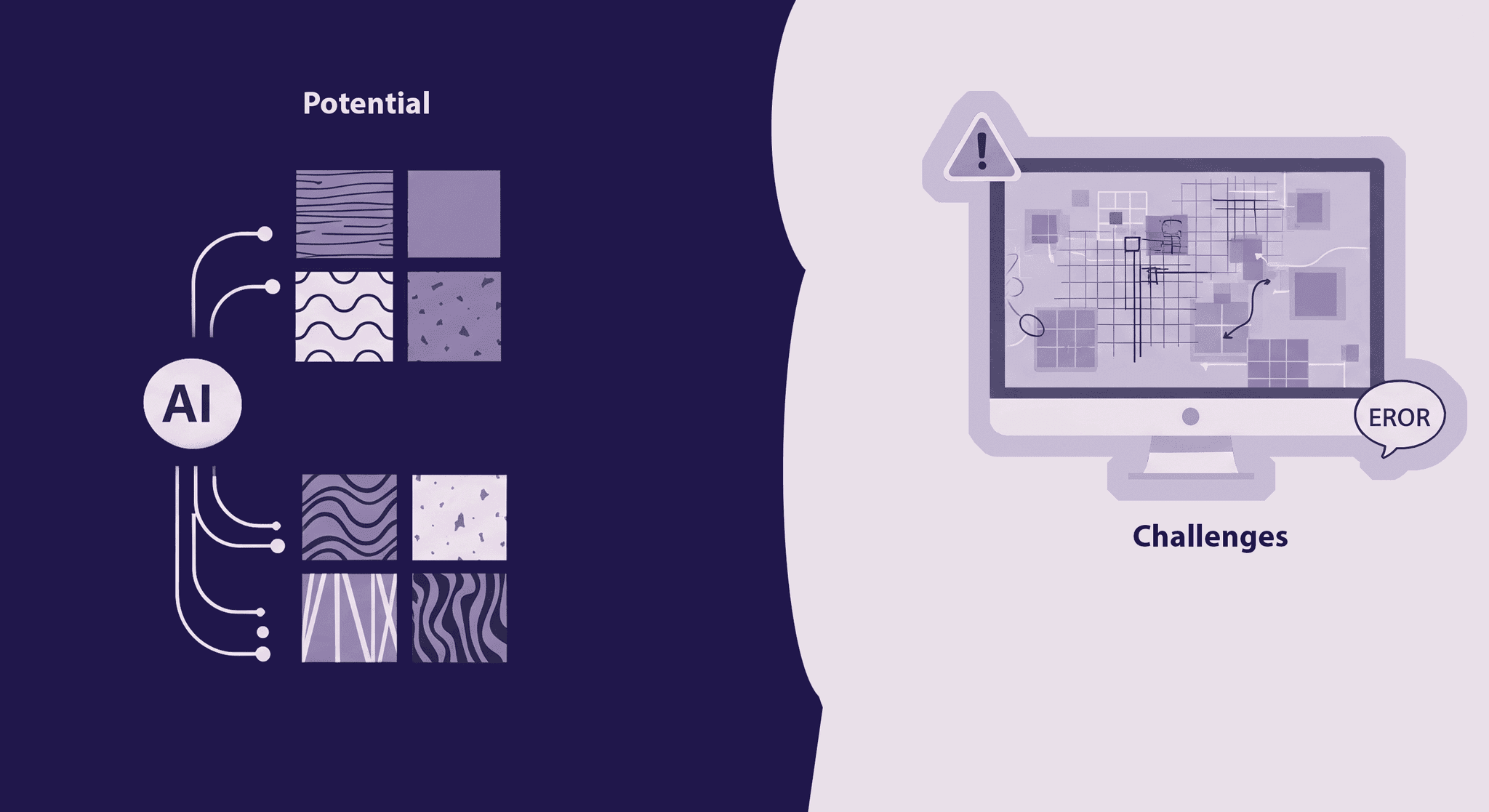 AI Texture Generation: Navigating Potential and Overcoming Challenges A two-part diagram illustrating AI texture generation, with one side showing a list of successful texture samples and the other showing a chaotic, error-ridden screen, representing the contrast between potential and challenges.