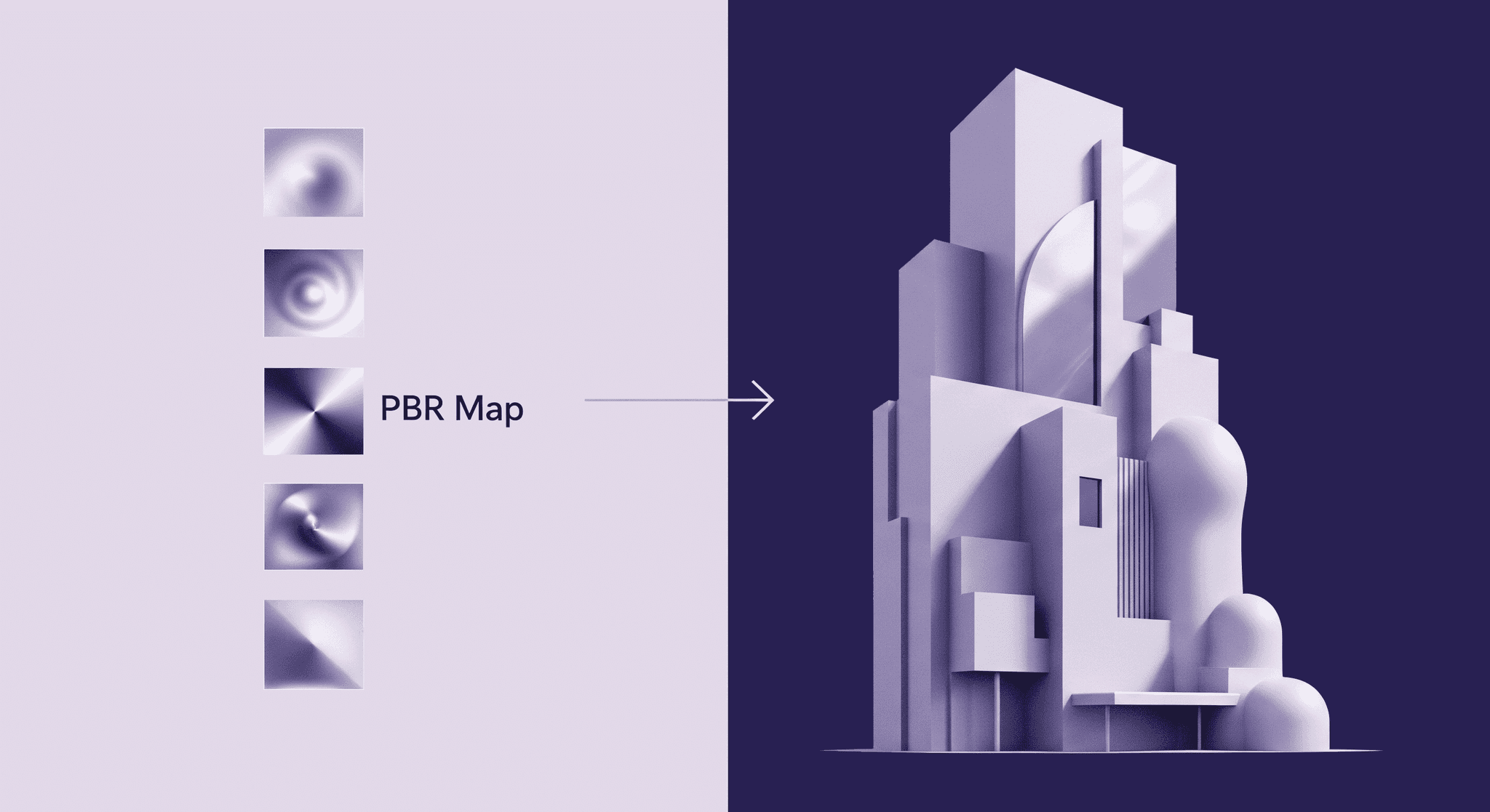 PBR Maps for Architectural Design Transformation An illustration showing a stack of four distinct PBR map icons (e.g., normal map, displacement map, roughness map, metallic map) labeled "PBR Map" on the left. An arrow points from these maps to a stylized, untextured 3D architectural building model on the right, symbolizing how PBR textures transform architectural designs.