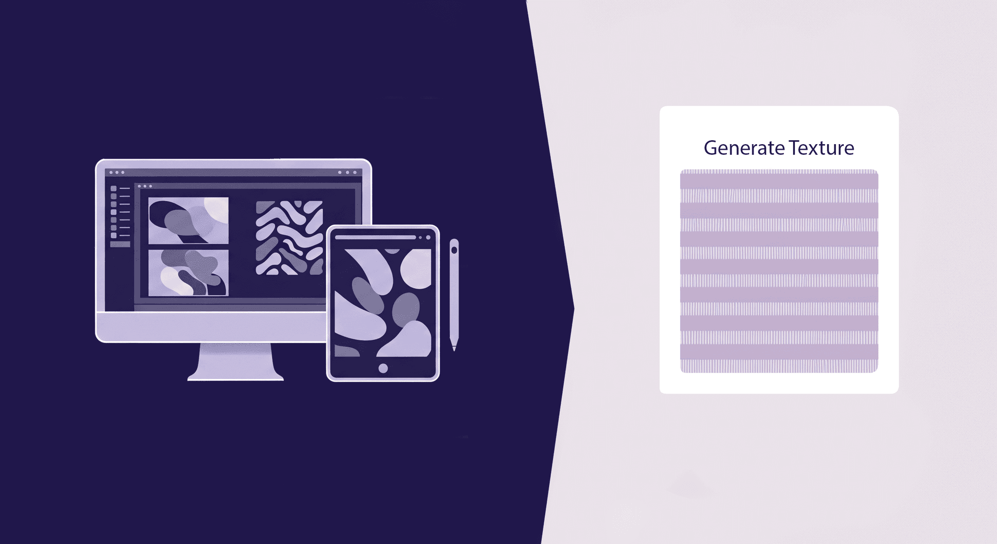 AI texture generator interface and its generated pattern output comparison An illustration showing a desktop computer and a tablet displaying various abstract and organic patterns on the left, and uniform striped texture labeled "Generate Texture" on the right, representing the challenges and constraints in AI texture generation.