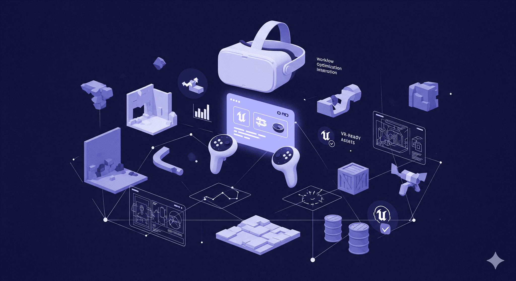VR Asset Workflow: Buy vs. Build A complex diagram centered on a VR headset and controllers. Various 3D elements, including labels like Workflow, Optimization, and VR-Ready Assets, are visible, illustrating a comprehensive VR development process that emphasizes smart asset acquisition over building everything.