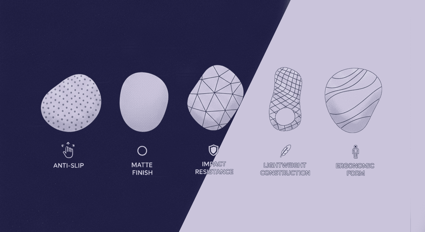Functional Analysis of Five Engineered Plastic Textures An abstract visual represents five plastic texture studies: Anti-slip dots, Matte finish, Impact-resistant triangles, Lightweight construction mesh, and Ergonomic form waves.