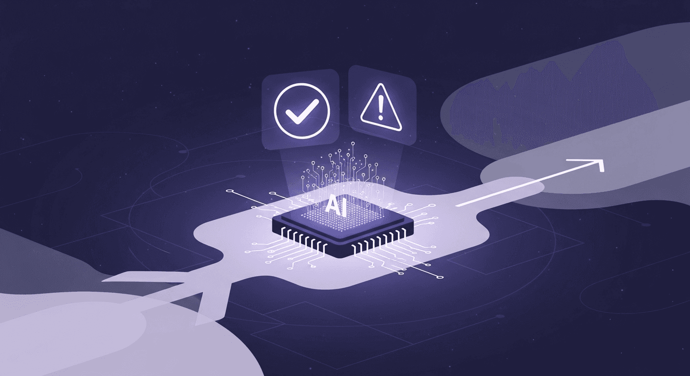 AI Ethics and Governance: Validating Output and Assessing Risk Conceptual diagram showing a glowing AI chip at the center of a circuit, with a check mark icon for validated output and a warning triangle icon for risk assessment, symbolizing the ethical challenges of AI-generated content.