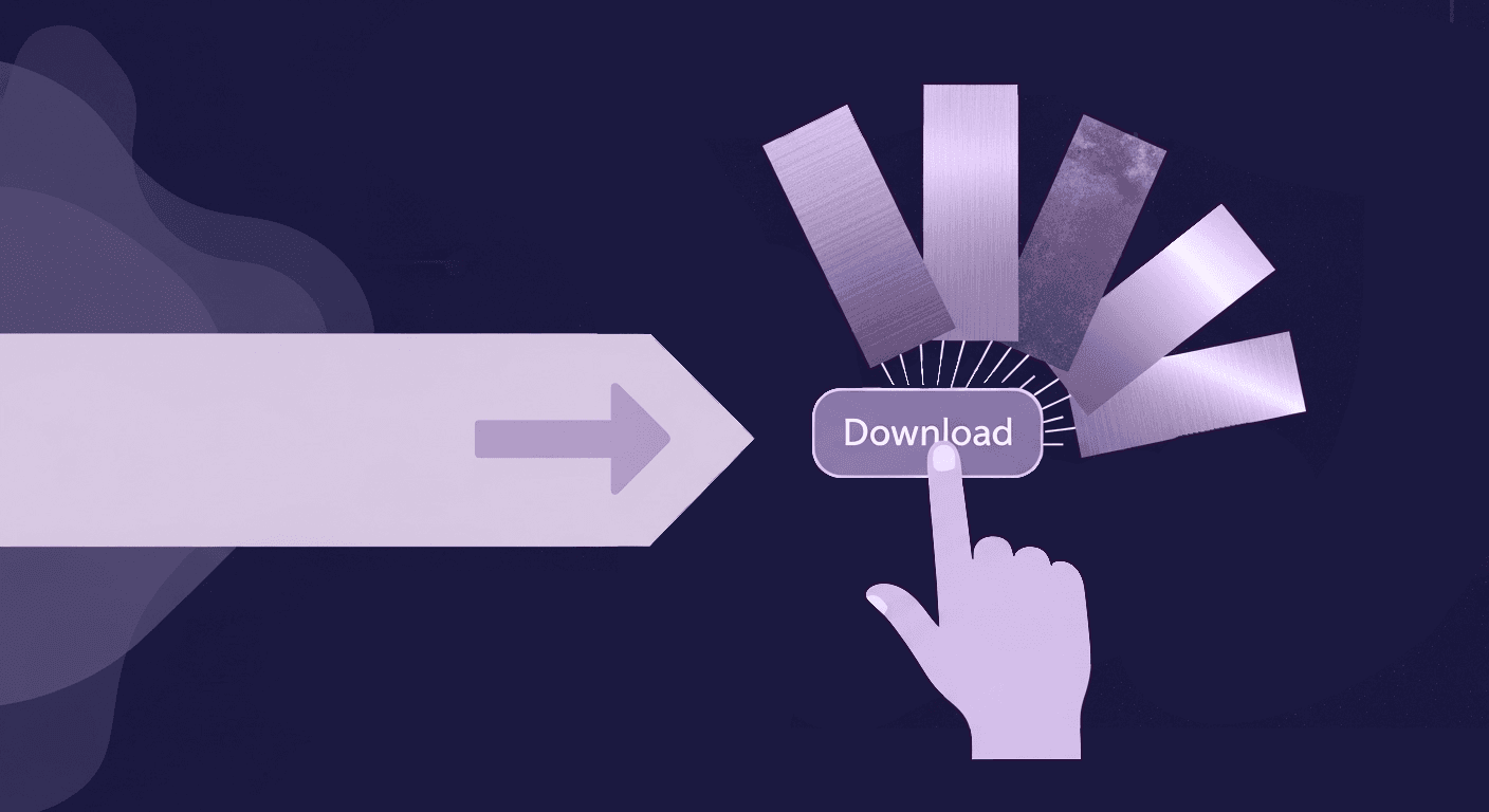 PBR Metal Textures Download: Complete Workflow for Photorealistic Results A conceptual illustration of a hand clicking a Download button, which releases multiple metal texture swatches, symbolizing the start of the PBR metal textures workflow for achieving photorealism.