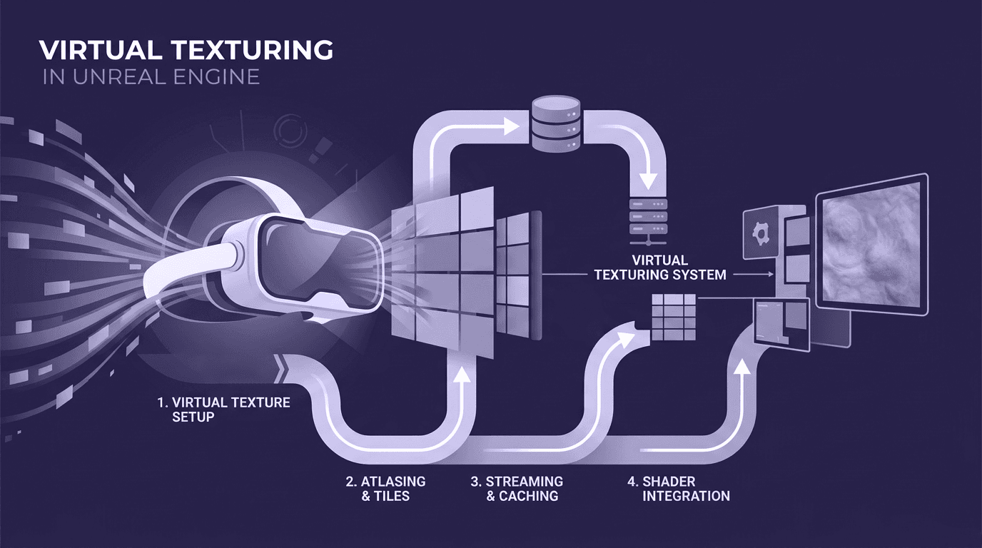 VR Textures in Unreal Engine: A Beginner’s Guide to Setup, Optimization & Virtual Texturing A 4-step technical flowchart illustrating Virtual Texture Setup, Atlasing, Streaming, and Shader Integration within Unreal Engine for VR.