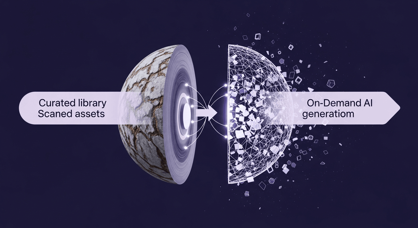 Texturly vs Quixel Megascans - Bisection Sphere Graphic A conceptual representation comparing texturing philosophies, with one bisected sphere showing a detailed photorealistic material for Quixel Megascans and a digital lattice for AI-powered Texturly, symbolizing their hybrid workflow.