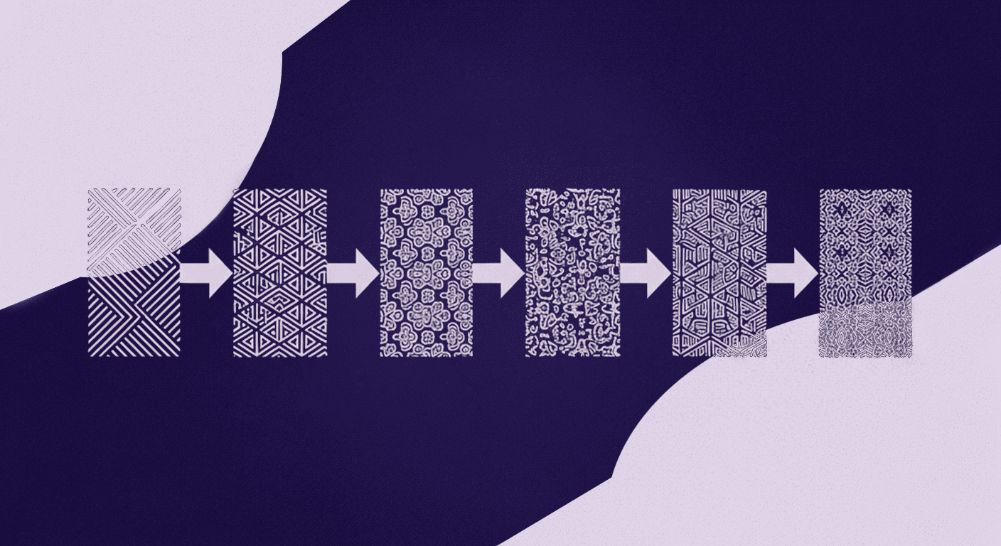 Build Your Signature Texture Library - Abstract Creation Visual An infographic showing a six different fabric texture experiments, moving from simple geometric line work to complex, high-detail ornamental patterns.
