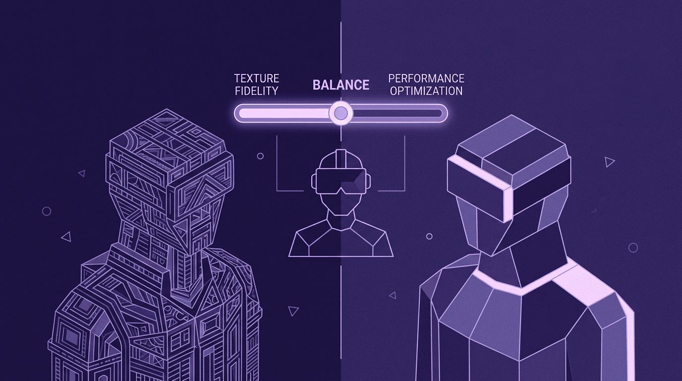 How Texture Quality Impacts User Experience in the Metaverse An infographic showing two avatars, one high-detail and one low-poly, with a slider balancing Texture Fidelity against Performance Optimization for a VR headset user.