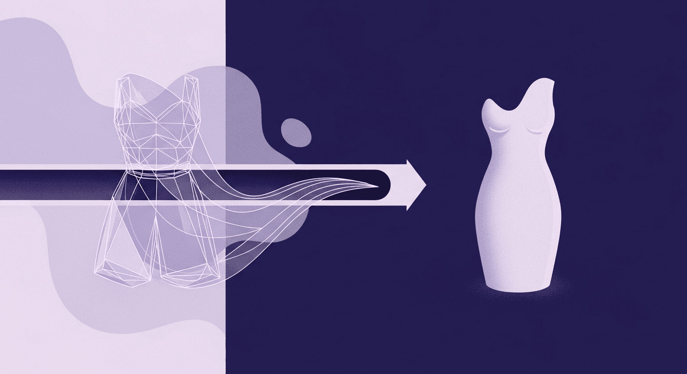Choose Clothing Mockup Generators That Actually Enhance Your Design Process An abstract visualization of a design-to-reality pipeline for clothing mockups, showing a geometric wireframe garment transforming into a detailed 3D model, aligning with digital apparel design strategies discussed in the article.