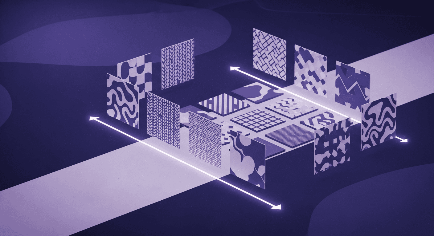 Strategic Textile Innovation: Mapping Digital Patterns for Emotional Design Abstract digital diagram showing various textile patterns and textures arranged on a grid, with glowing arrows indicating movement or connection, symbolizing strategic material innovation.