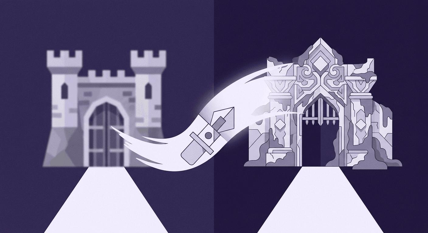 Evolution of Gaming Visuals via Texture Packs A split-screen comparison showing a simple low-detail stone castle on the left and a highly detailed, ornate stone gate on the right, connected by a digital pen icon symbolizing user creation.