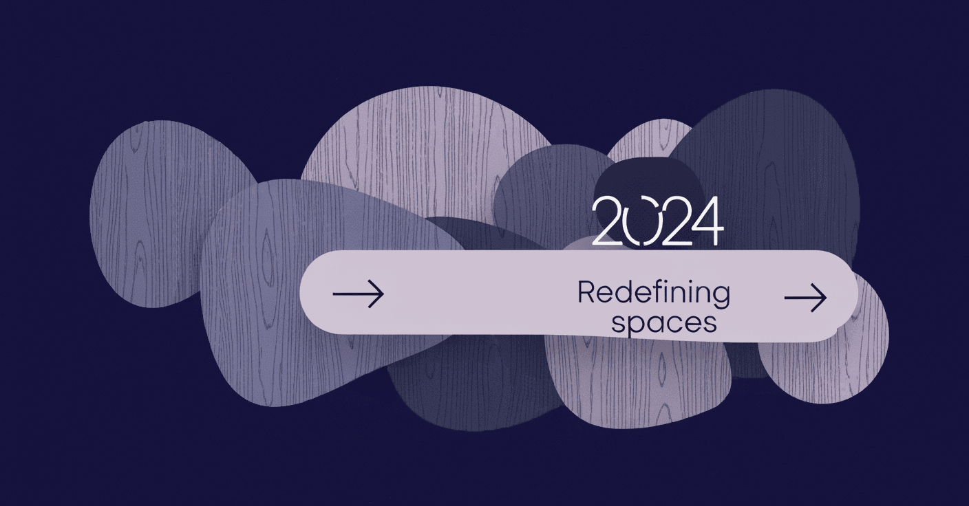 The Wood Veneer Texture Design Trends Redefining Spaces in 2024 An abstract illustration of overlapping, organically shaped wood veneer textures in muted blue and gray tones, with the text 2024 Redefining spaces, symbolizing interior design trends for the year.