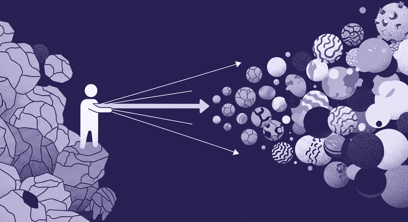 Unveiling Future Trends in AI Texture Generation: From Concept to Diverse Outputs An abstract illustration showing the evolving role of artists in AI texture generation, where a minimalist form symbolizes the creative director, emitting guiding lines that transform a chaotic cluster of raw shapes into harmonious, textured spheres, reflecting the shift from manual labor to high-level creative curation.