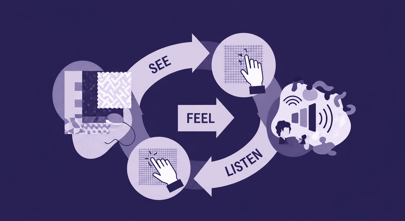 The See-Feel-Listen Method That Decodes Any Fabric Texture An illustrative diagram showing the circular See-Feel-Listen method used to decode fabric texture. The cycle moves from seeing a fabric sample, to feeling it with a hand icon, to listening, with a central arrow pointing to the overall concept of Feel, symbolising a deep understanding of the textile's properties.