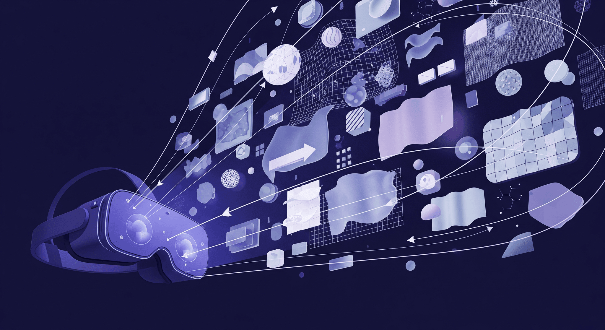 Advanced VR Texture Creation for Realistic Virtual Environments An illustration of a VR headset from a side view. From the headset's lenses, a stream of virtual objects, including textured spheres, abstract patterns, wavy grids, and various 3D shapes, flow outwards and fill the space. The objects are connected by flowing lines, conveying the concept of a virtual world being created and rendered from the headset.