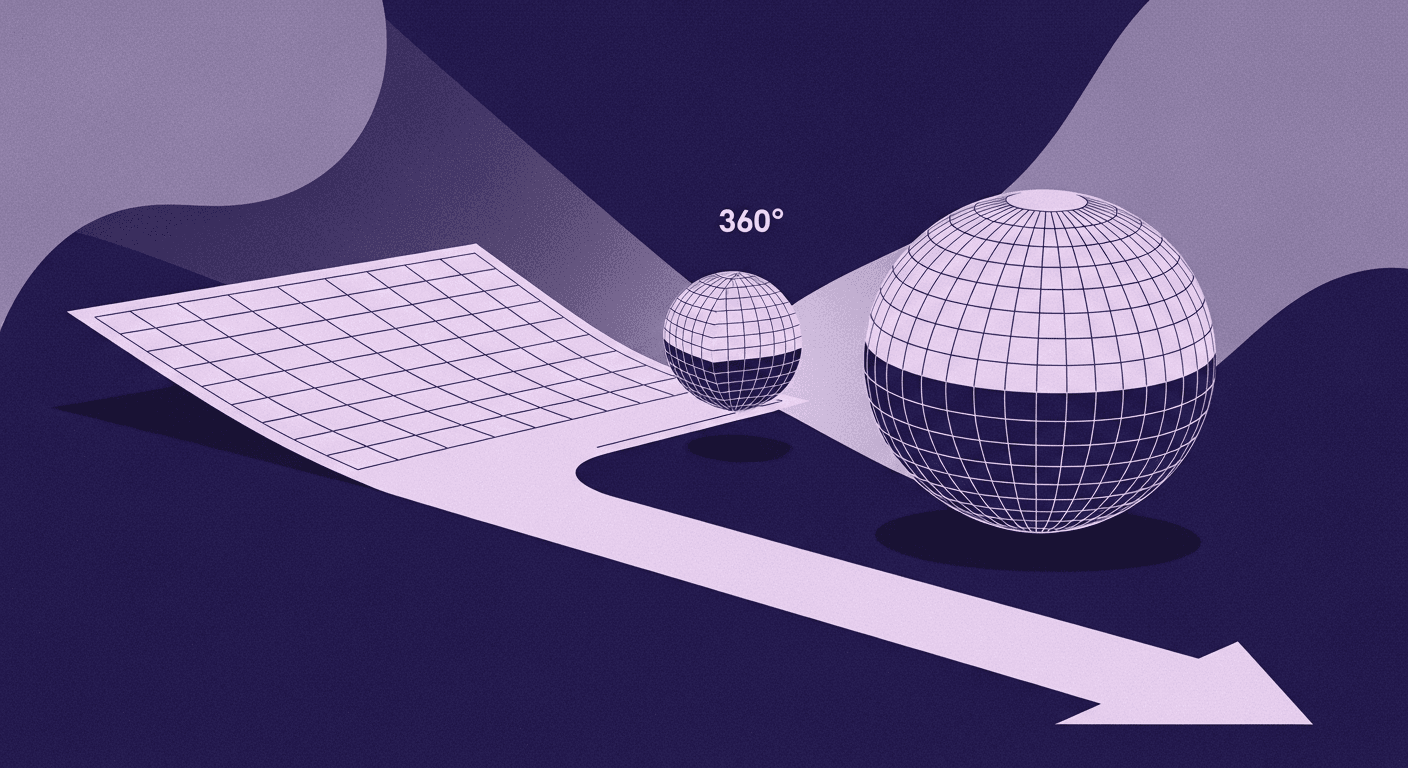 How 360 Environment Textures Deliver Massive Scale for a Fraction of the Performance Cost An abstract visualization of a 360-degree projection, depicting a 2D grid transforming into a sphere, illustrating texture mapping in immersive environments.