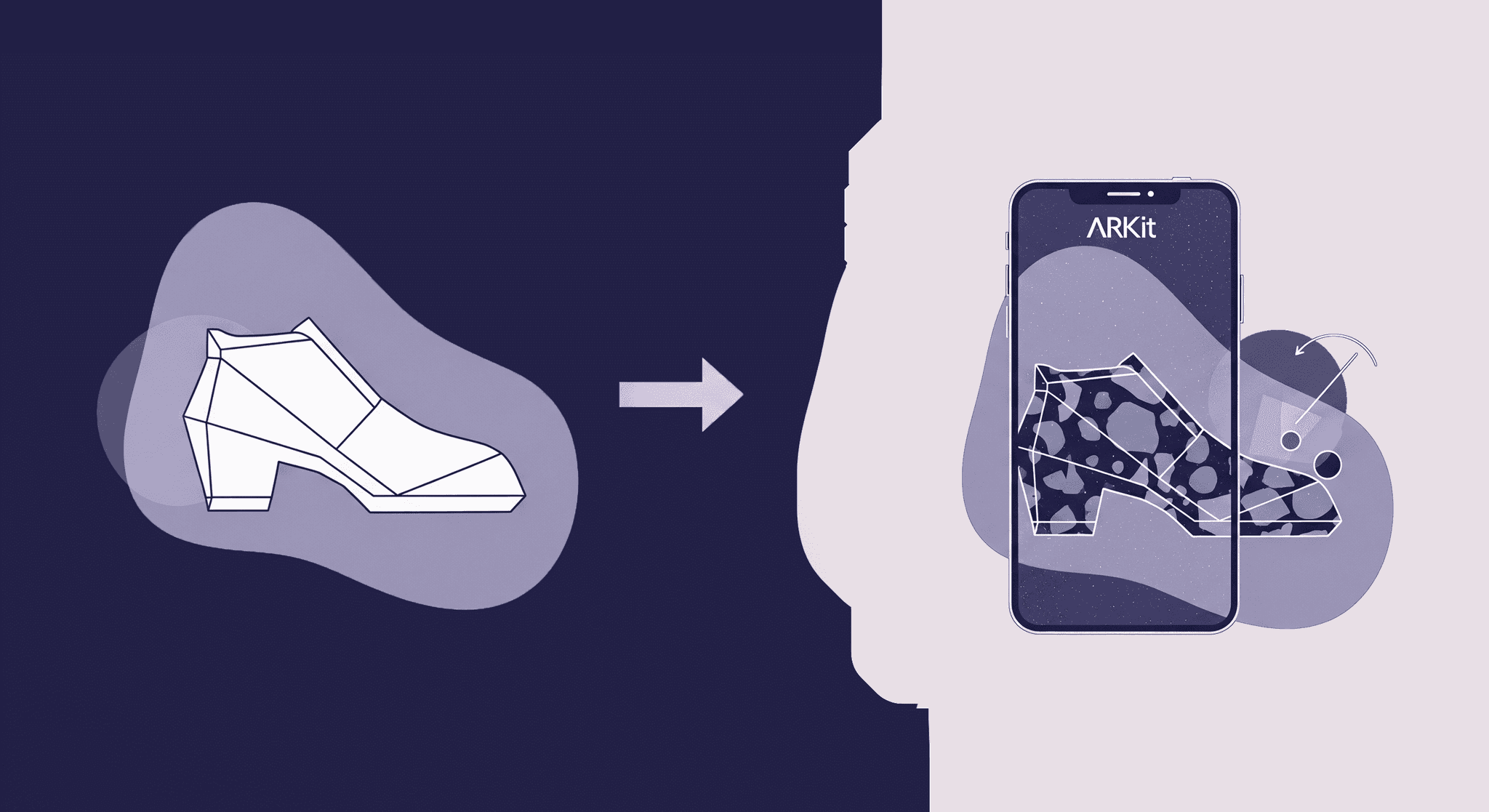 ARKit Textures: Transforming Digital Models into Realistic AR Experiences An illustration showing a basic, untextured 3D shoe model on the left, with an arrow pointing to a smartphone displaying the same shoe model within an ARKit environment on the right. The shoe on the smartphone is rendered with a detailed, abstract texture, surrounded by augmented reality elements.