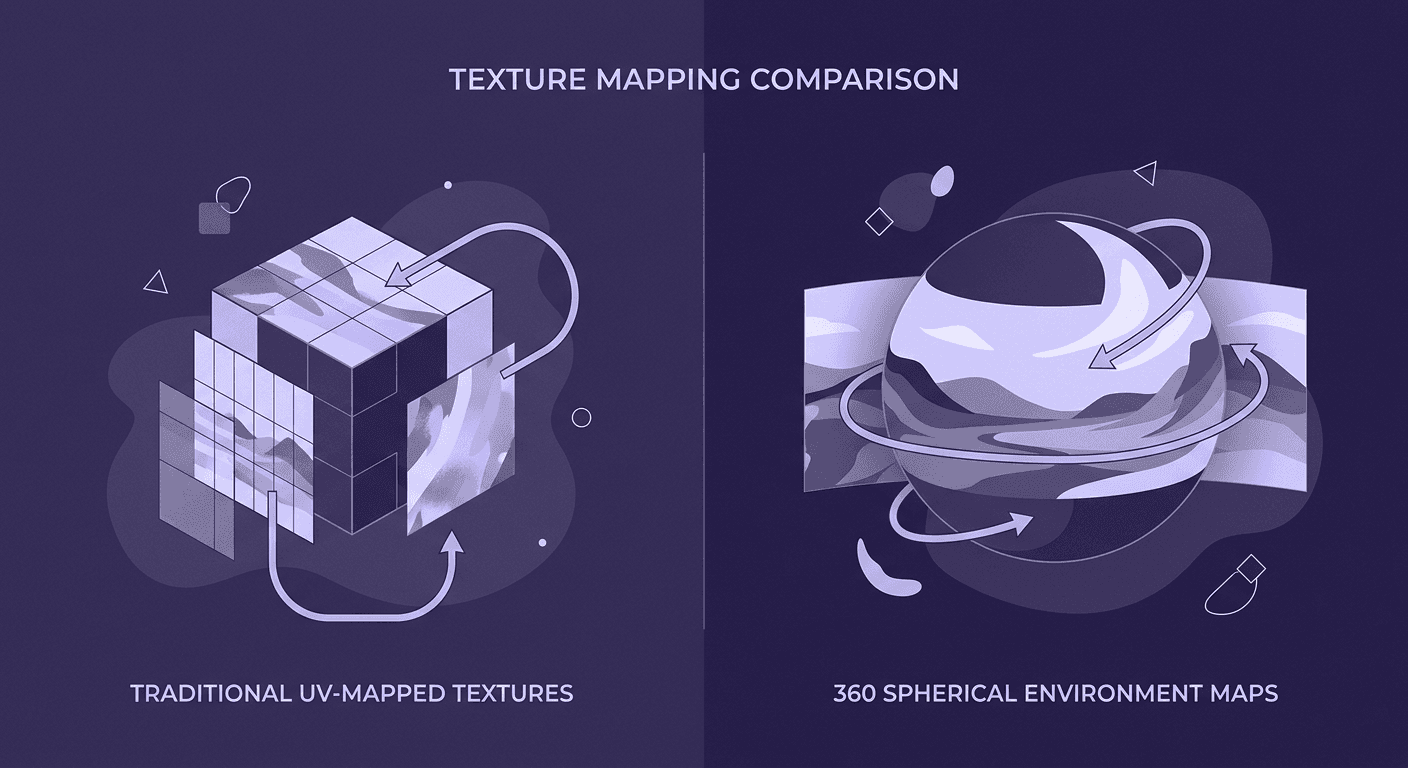 360 Environment Textures vs Traditional Textures: Key Differences, Benefits & Use Cases A side-by-side comparison of traditional cube-based UV mapping versus 360-degree spherical environment projection.
