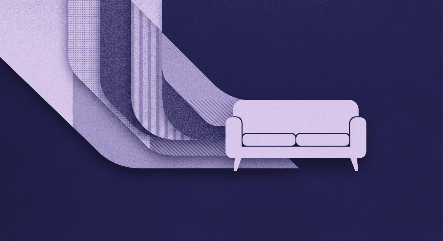 Seamless Design in 3D Sofa Rendering An illustration of a modern two-seater sofa in a muted purple color. Behind the sofa, large, curved layers of various fabric textures (including solid weave, stripes, and subtle patterns) flow into the foreground, symbolizing the selection and impact of upholstery on living room design.