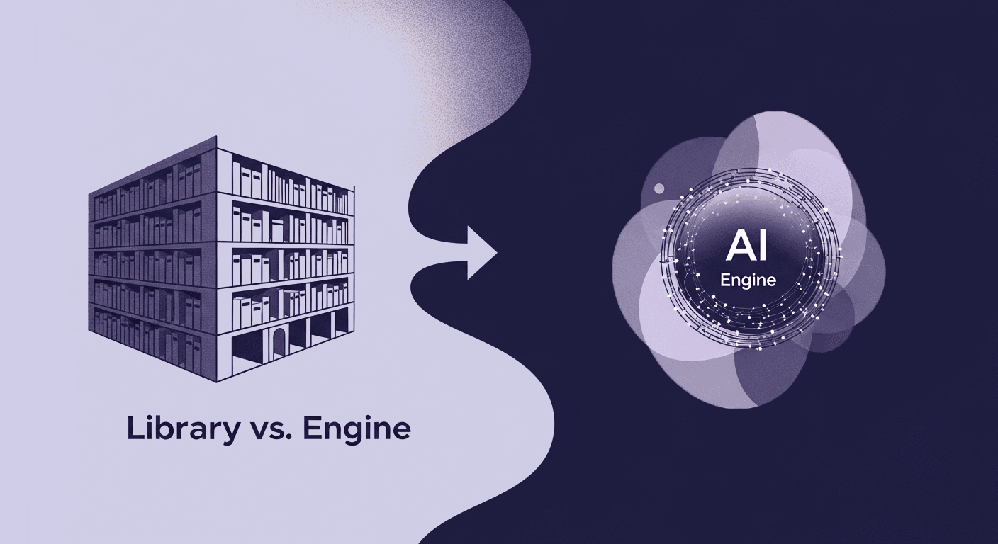 Texture Generator vs. Library - Static vs. Dynamic Visual An illustrative comparison showing the concept of a library versus an AI engine for texture generation, with the library depicted as a static grid and the engine as a dynamic orb in the context of choosing creative tools for 2025.