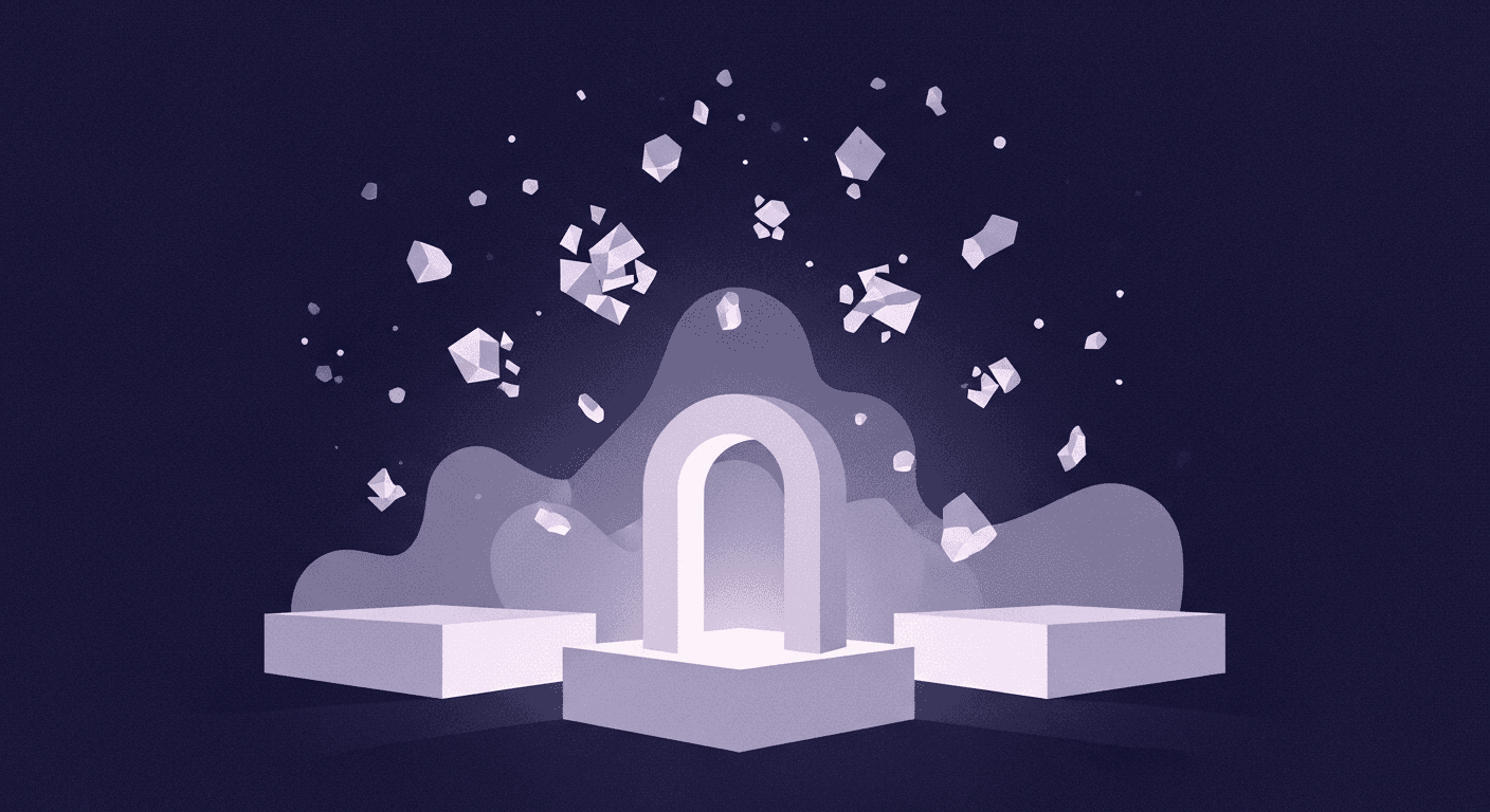 Metaverse Implementation Insights - Geometric Foundation An abstract representation for an article about lessons from successful metaverse implementations, showing a stable base of geometric shapes supporting a luminous archway symbolizing a well-crafted destination.
