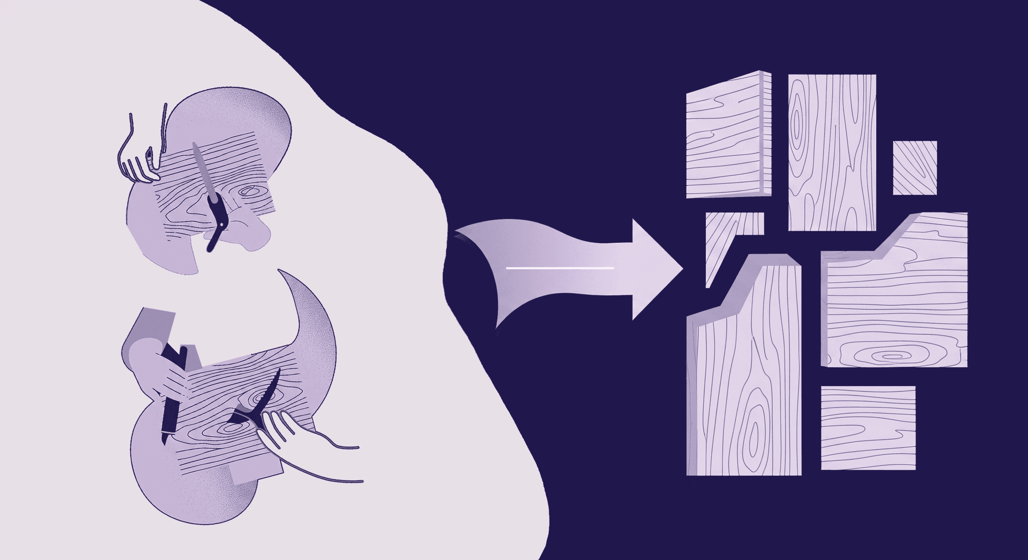 Creative Techniques for Mastering Wood Veneer Textures An illustration showing hands cutting and manipulating wood veneer sheets on the left, with an arrow pointing to various shaped pieces of wood veneer on the right, symbolizing the creative techniques involved in mastering wood veneer textures.