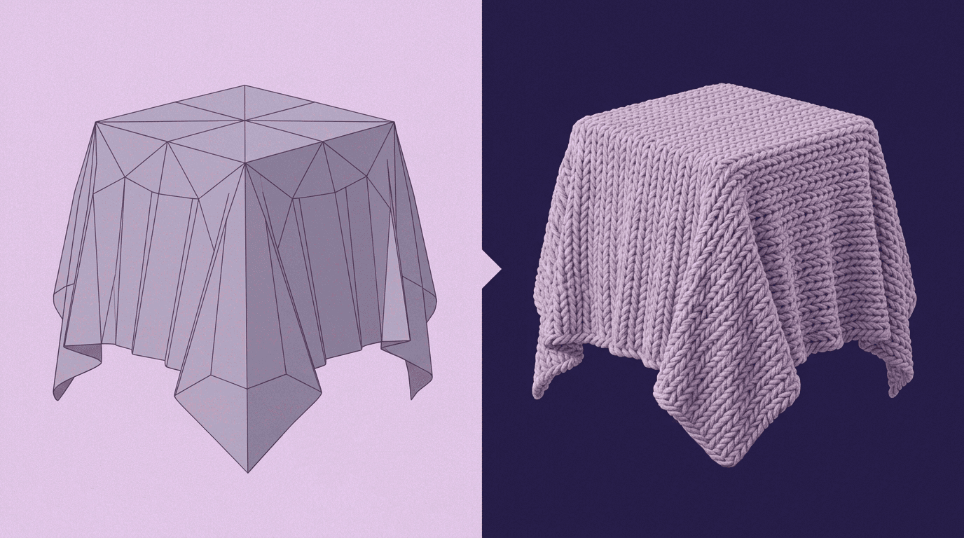Material Science Behind Cloth - Layered Geometry Visual An illustration of digital material creation for an article on believable cloth, displaying layered material properties like texture, surface variation, and depth with geometric shapes and translucent layers.