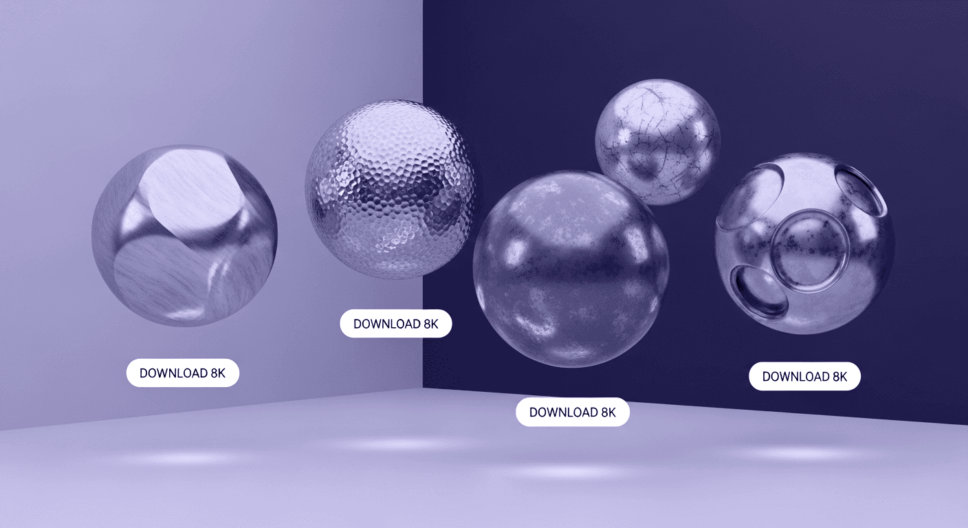 Strategic Workflow for Sourcing Professional Metal Textures Infographic of a floating metallic sphere with different textures like hammered, scratched, and smooth, representing a guide to metal texture sources.