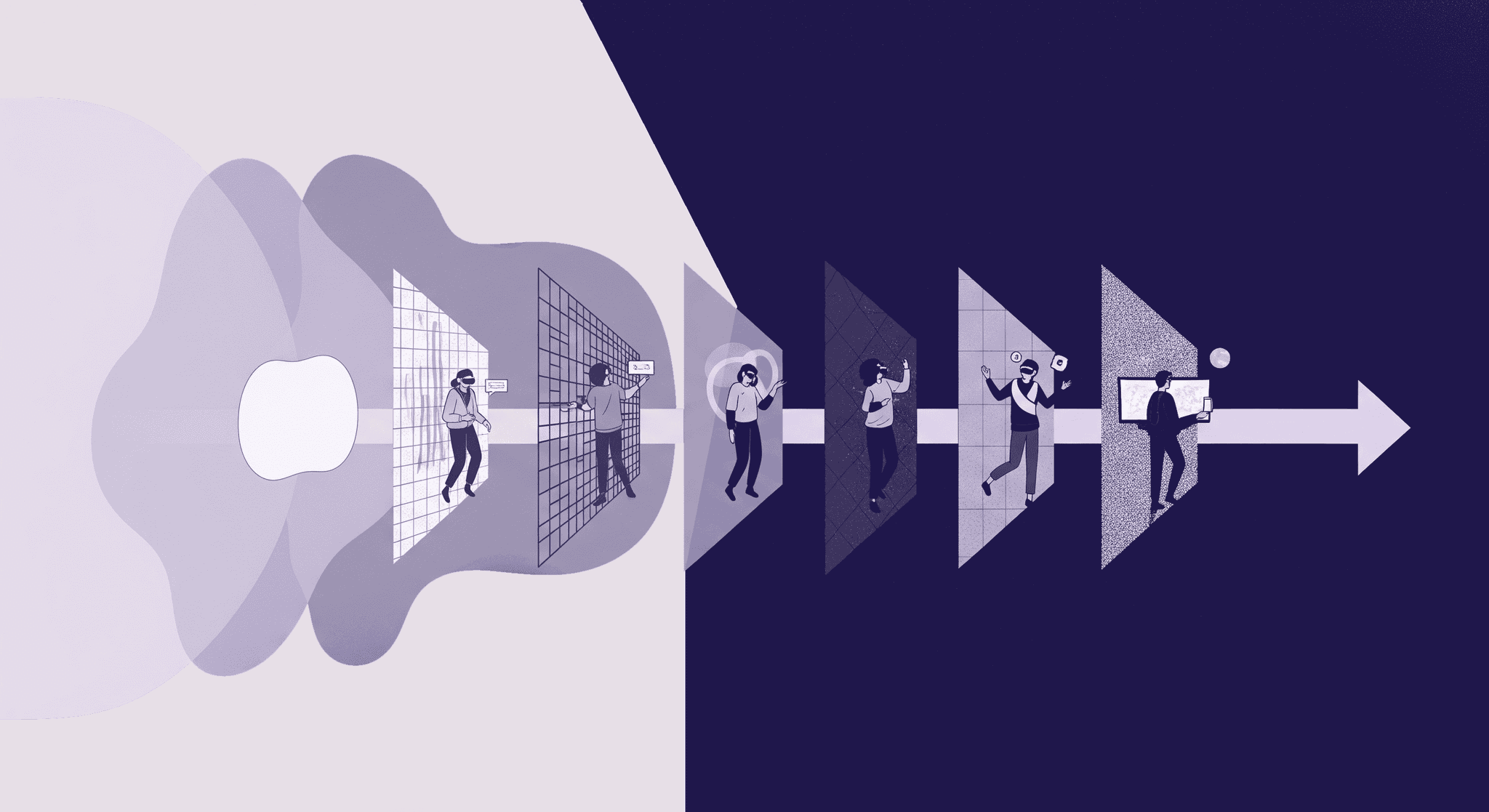 Metaverse Texturing Trends: Enhancing User Experience and Immersion An illustration depicting a progression from abstract shapes and grid lines on the left, moving through various digital avatars interacting with screens and virtual elements, towards a textured future on the right, symbolizing how future texturing trends will revolutionize the metaverse experience and user interaction.