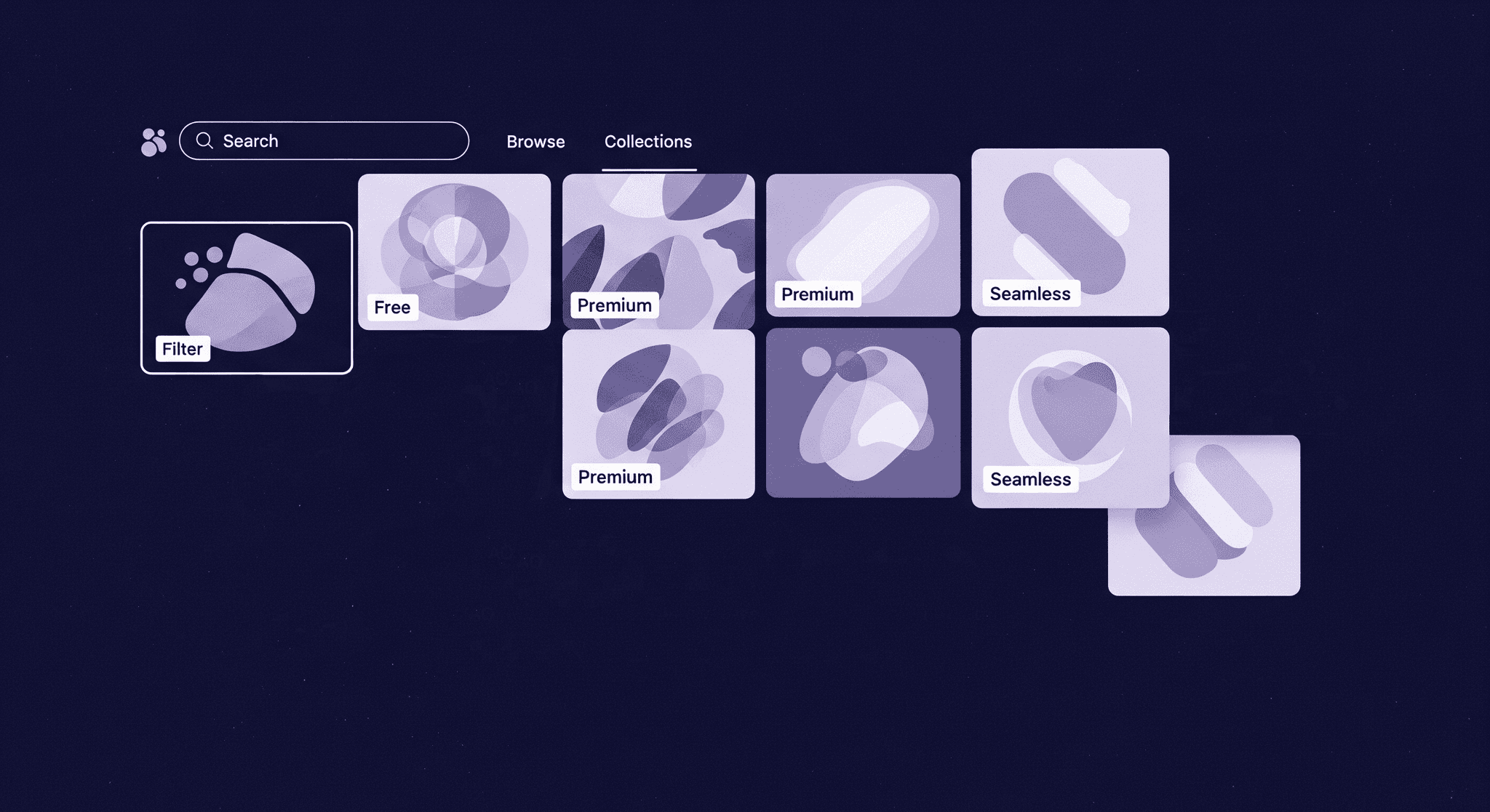 Interface for Browse and Filtering PBR Texture Resources A graphical interface showing various categories of PBR textures like Free, Premium, and Seamless. There are options to Search, Browse, Collections, and apply filters. This represents top websites offering high-quality PBR textures.