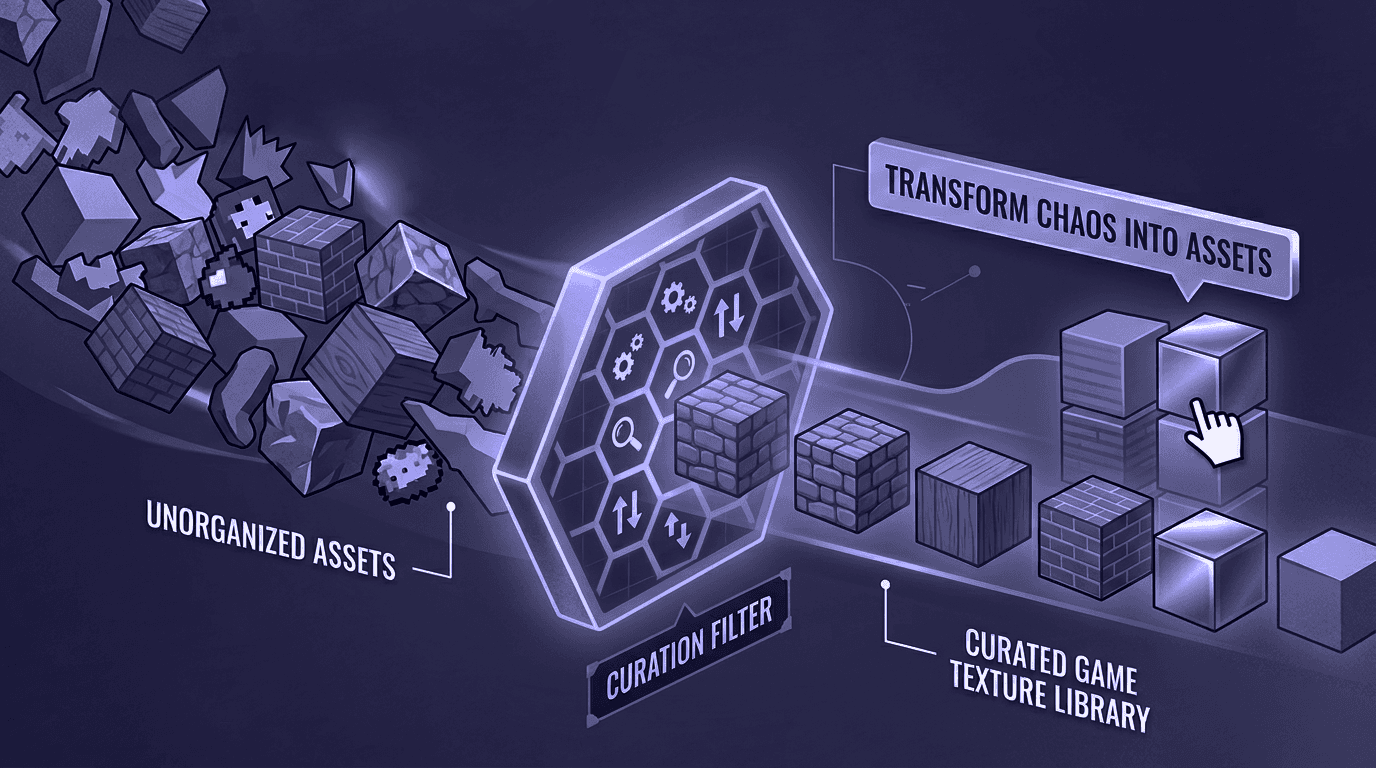Game Texture Library Curation - Transformation Illustration A conceptual illustration for a blog about building a curated game texture library, showing a chaotic stream of mismatched shapes being transformed into a uniform stream of perfect cubes through a grid-like filter.