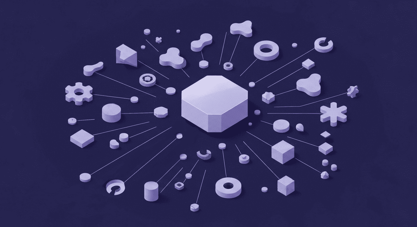 PBR Texture Resources: Community & Forum Guide A conceptual graphic depicting the integration of community resources and forums in streamlining PBR texture workflows, where a central, polished geometric shape acts as a hub connecting varied organic and geometric forms via clean lines, symbolizing the consolidation of diverse resources into a centralized system for efficient texture management.