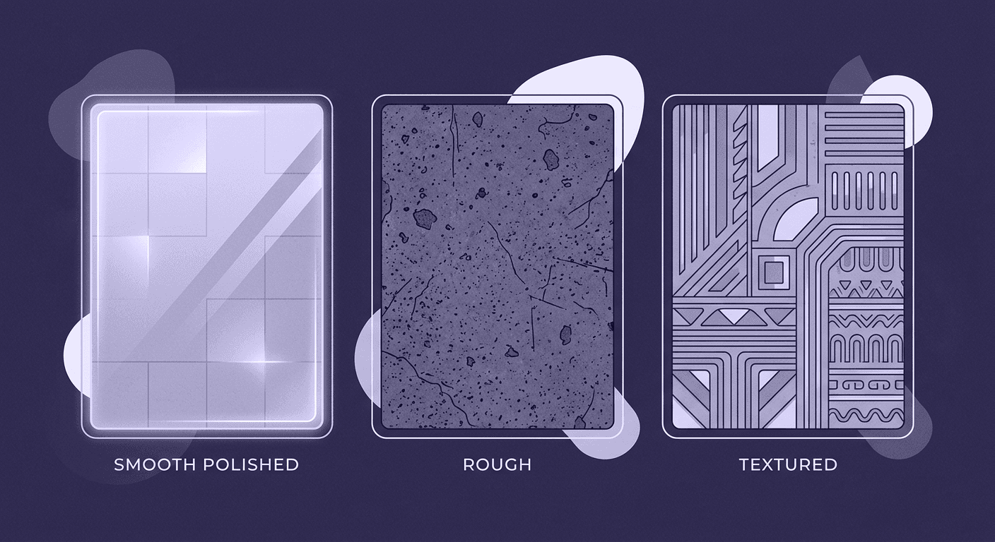 A Practical Guide for How to Choose The Right Concrete Texture for Your Project A side-by-side comparison of three concrete finishes: smooth polished, rough natural, and patterned textured surfaces.