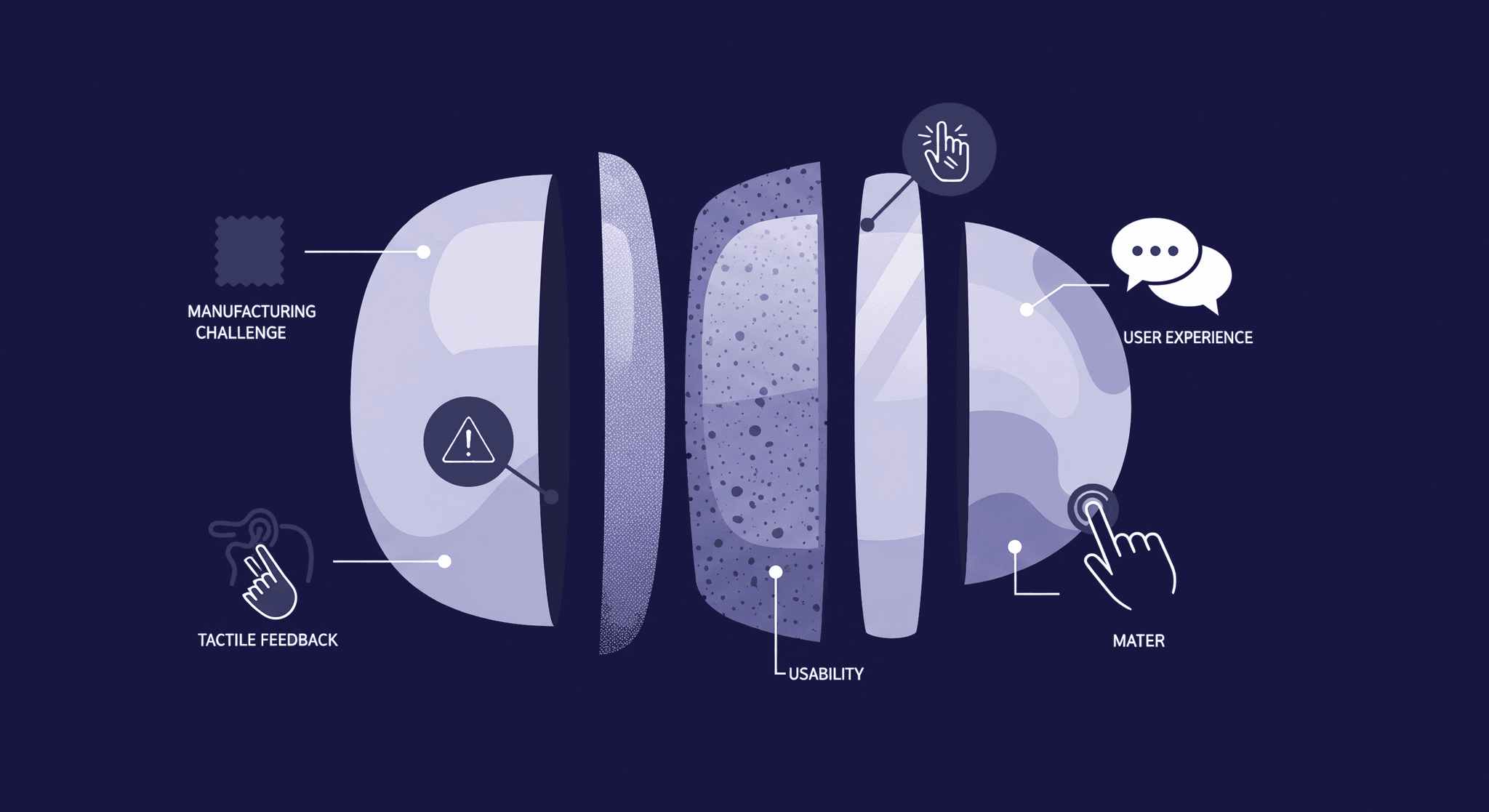 Common Texture Design Challenges in Product Launches Infographic detailing various texture design challenges represented by a sliced sphere. Labels point to specific issues including Manufacturing Challenge, Tactile Feedback, Usability, and User Experience, highlighting common problems that can derail a product launch.