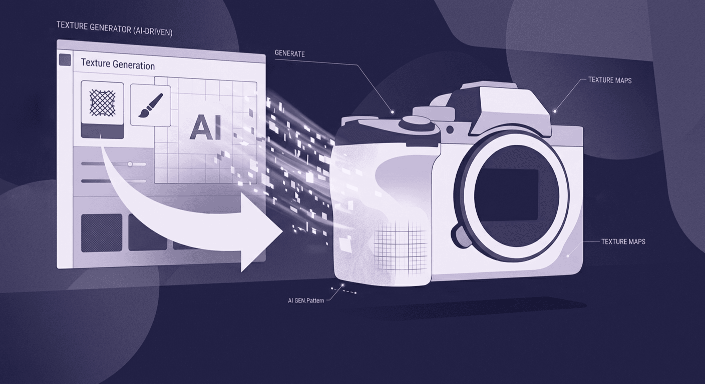AI Texture Application in 3D Product Design A diagram illustrating a digital texture generator interface applying seamless patterns and PBR texture maps directly onto a 3D camera model.