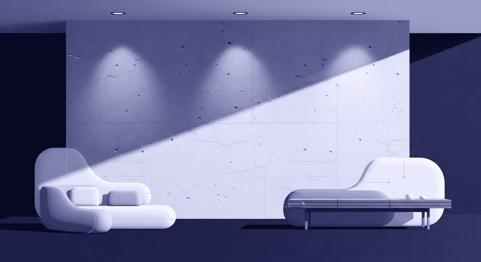 Concrete Walls Storytelling - Abstract Textural Transformation A wide shot of an interior space with two abstract, curved couches. The background is a large concrete wall with detailed cracks and blemishes. White arrows and measurement lines point to various design elements on the wall, including the seamless texture, shadows, and furniture placement, visually representing a guide to concrete wall design.