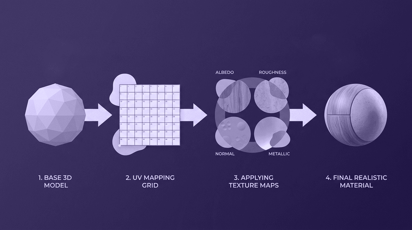 Professional Pipeline for High-Conversion 3D Textures An abstract representation of a technical 4-step workflow diagram: Base 3D Model, UV Mapping Grid, Applying Albedo, Roughness, Normal, and Metallic PBR maps, and the Final Realistic Material sphere.