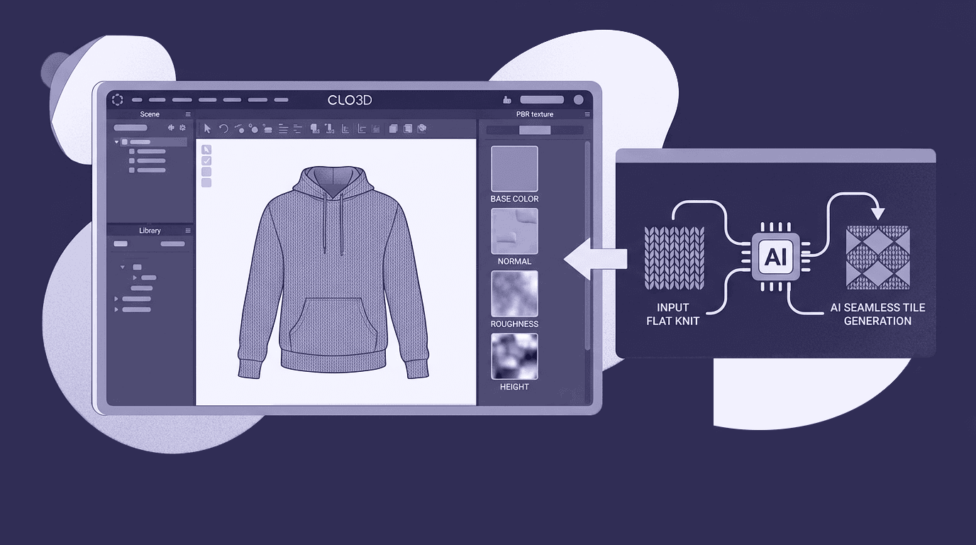 AI-Powered Seamless Texture Mapping in CLO3D A technical diagram showing the integration of AI-generated seamless tiles into a CLO3D workspace, featuring PBR maps like Normal, Roughness, and Height applied to a 3D hoodie model.