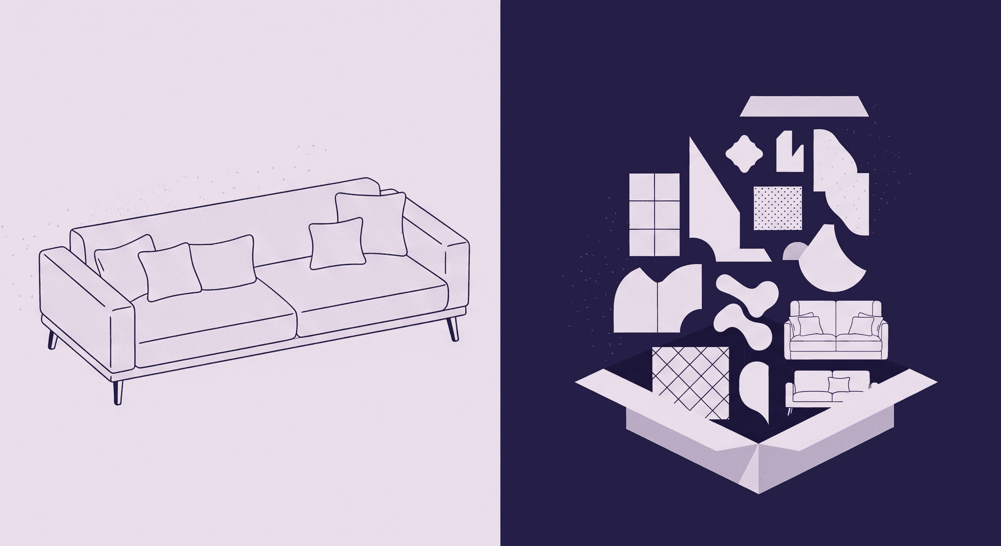 Product Design: Texture Elements and Their Impact An illustration showing a finished sofa on the left, and on the right, an open box overflowing with various abstract shapes and patterns, along with smaller sofa components, symbolizing the unpacking and assembly of texture elements to create a complete product design.