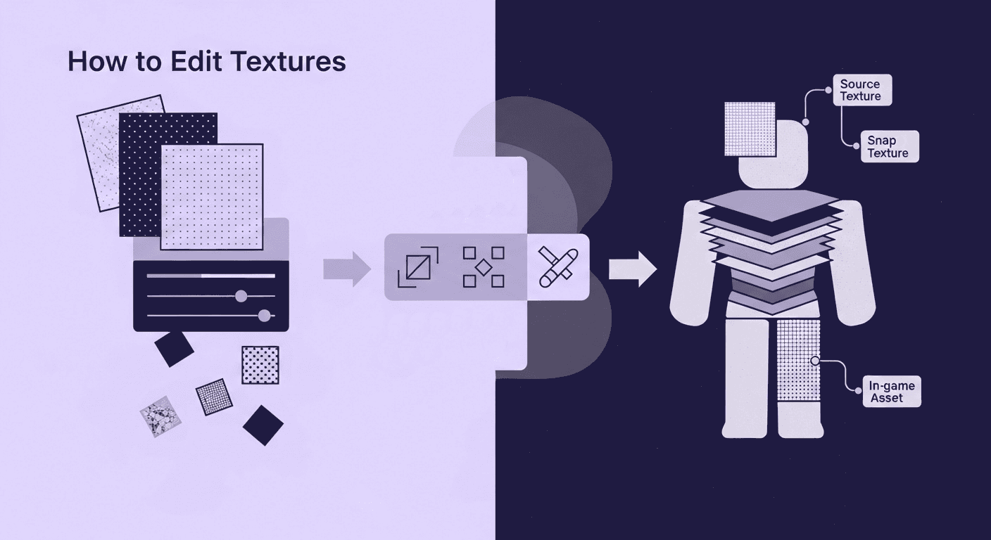 Modular Roblox Texture Editing and Scaling Workflow An abstract illustration showing a Roblox texture editing workflow from source files to in-game avatar asset deployment.