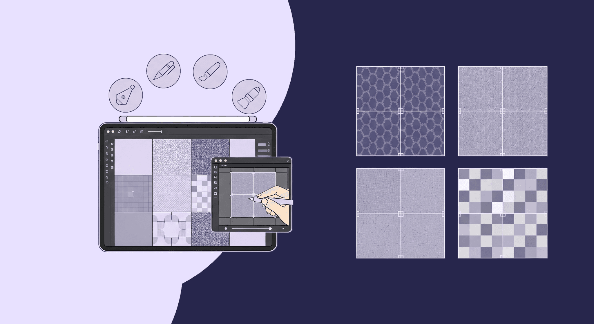 Workflow for Creating Seamless Fabric Textures A diagram showing the process of digital fabric texture creation. A hand holds a small fabric swatch, pointing towards a tablet with a texturing application. On the right, various finished, seamless patterns are shown tiled in different designs, illustrating how to transform flat fabric swatches into photorealistic, digital textures.