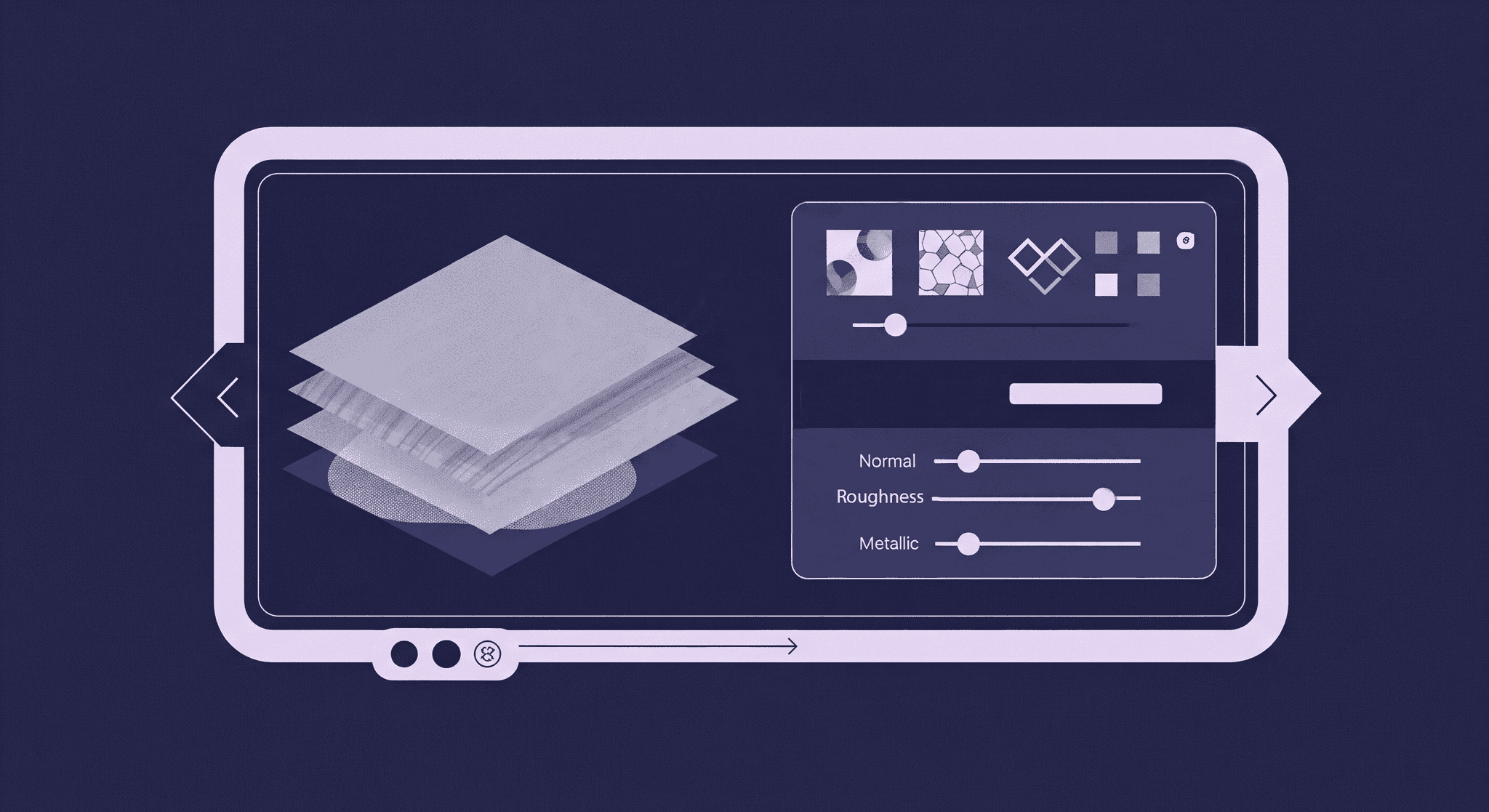 PBR Texture Editing Interface: Layers, Maps, and Material Properties An abstract illustration stylized graphic showing layered textures and a digital interface with sliders, symbolizing the tools and techniques used for editing PBR textures.