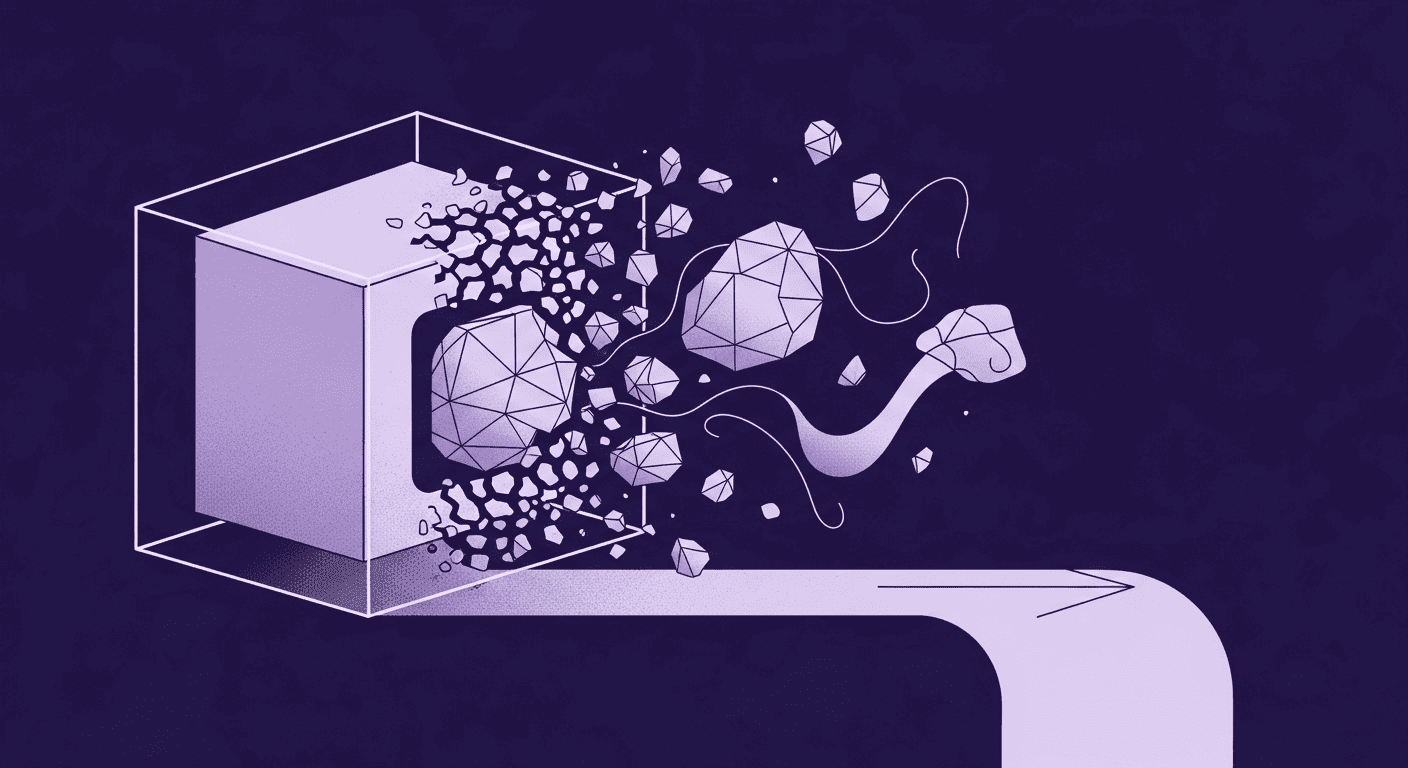 Emerging Texturing Trends for a Future-Proof Metaverse An abstract illustration showing the evolution of texturing technologies within the metaverse, where a dissolving geometric cube releases a harmonious blend of sharp geometric patterns and organic lines, symbolizing the dismantling of limitations in traditional workflows and the birth of creative freedom enabled by AI and procedural generation.