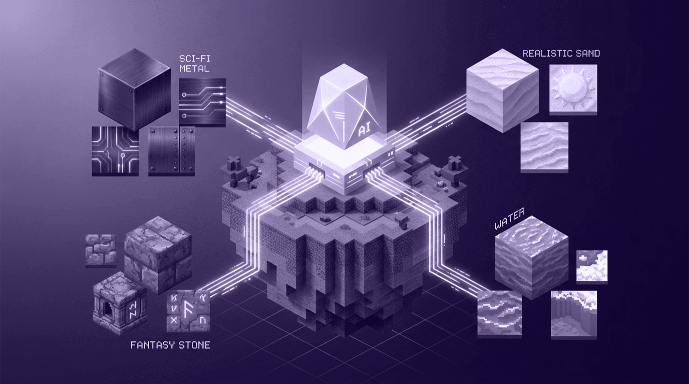 How AI Minecraft Texture Generators Are Changing Resource Pack Creation A technical infographic showing a central AI node on a blocky floating island generating diverse Minecraft texture styles, including Sci-Fi Metal, Fantasy Stone, Realistic Sand, and Water.