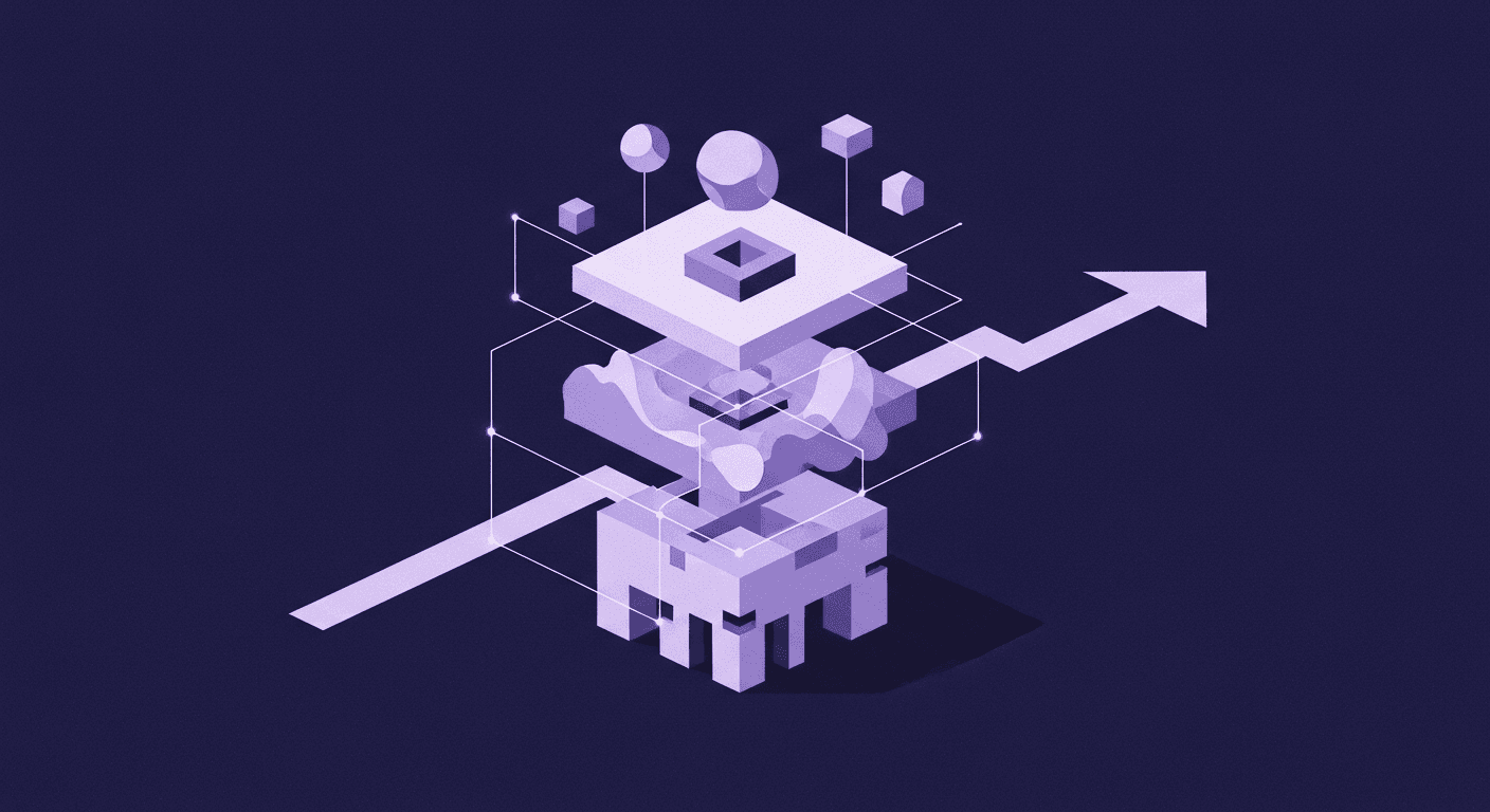 Metaverse Technology Stack Guide - Exploded View Schematic An abstract architectural schematic for a blog post about the metaverse technology stack, showing three geometric layers connected by luminous lines to illustrate integration into a cohesive structure.