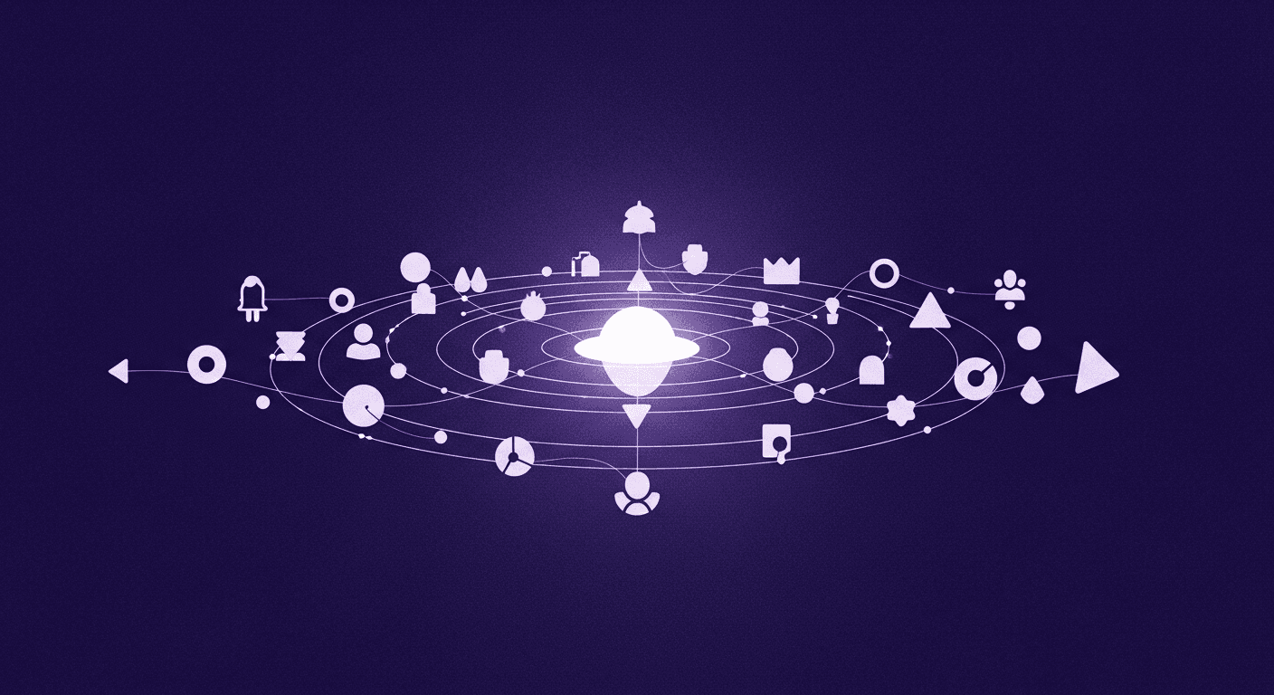 Successful Metaverse Projects - Abstract Community Building An abstract representation for a blog on successful metaverse projects, depicting community-led world-building with a luminous geometric base and a network of diverse forms symbolizing collaborative virtual environments.