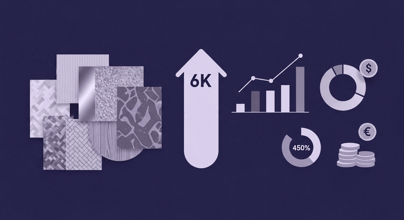 The Real Economics Behind 6K Texture Downloads Various texture samples (metal, wood, fabric) next to a large upward arrow with '6K' and financial charts, representing the economic growth of high-resolution 6K texture downloads.