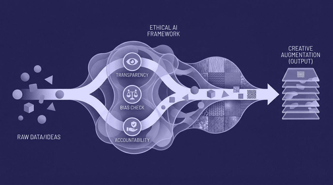 Behind the Framework: How We Built an Ethical AI Texture Workflow A minimalist graphic metaphor for creative augmentation in AI texture workflows, showing geometric shapes transforming with the influence of a complex organic form to illustrate the integration of ethical AI practices.