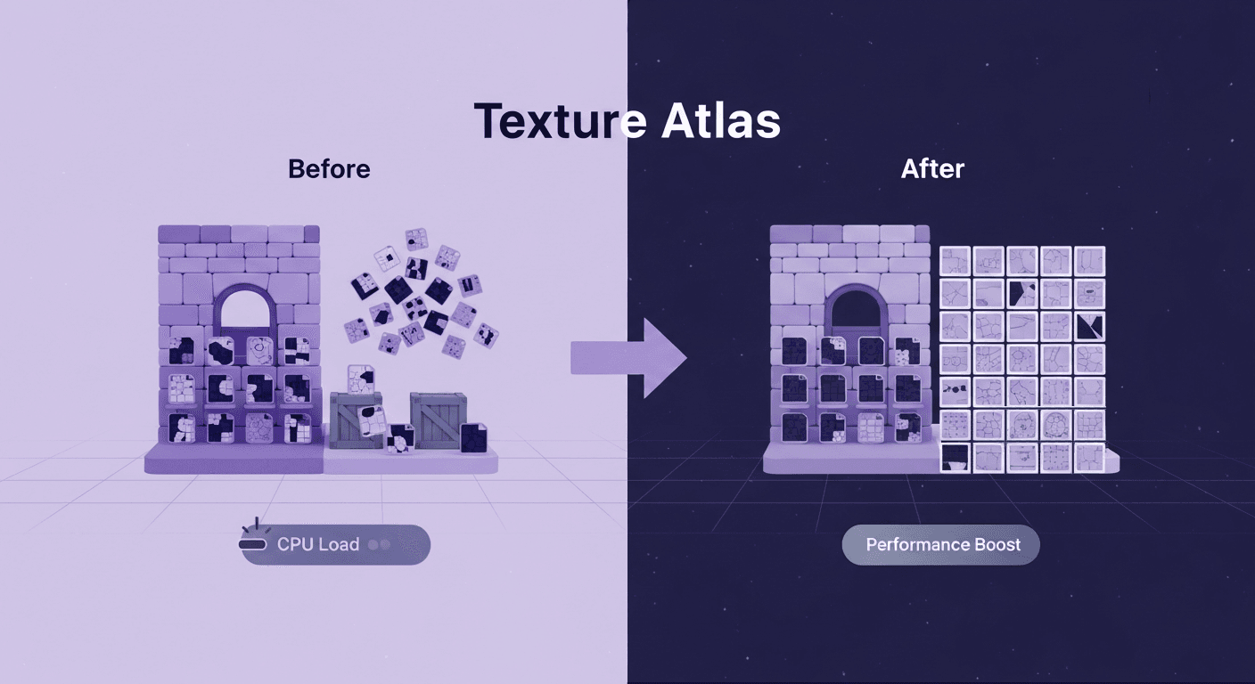 Build Unity 3D Texture Atlas Workflows That Actually Ship A diagram illustrating the concept of a Texture Atlas, showing a Before state with many scattered texture cubes and high CPU Load, transitioning to an After state where all textures are consolidated into a single, organized grid, labeled Performance Boost, demonstrating efficiency in a Unity 3D game engine.
