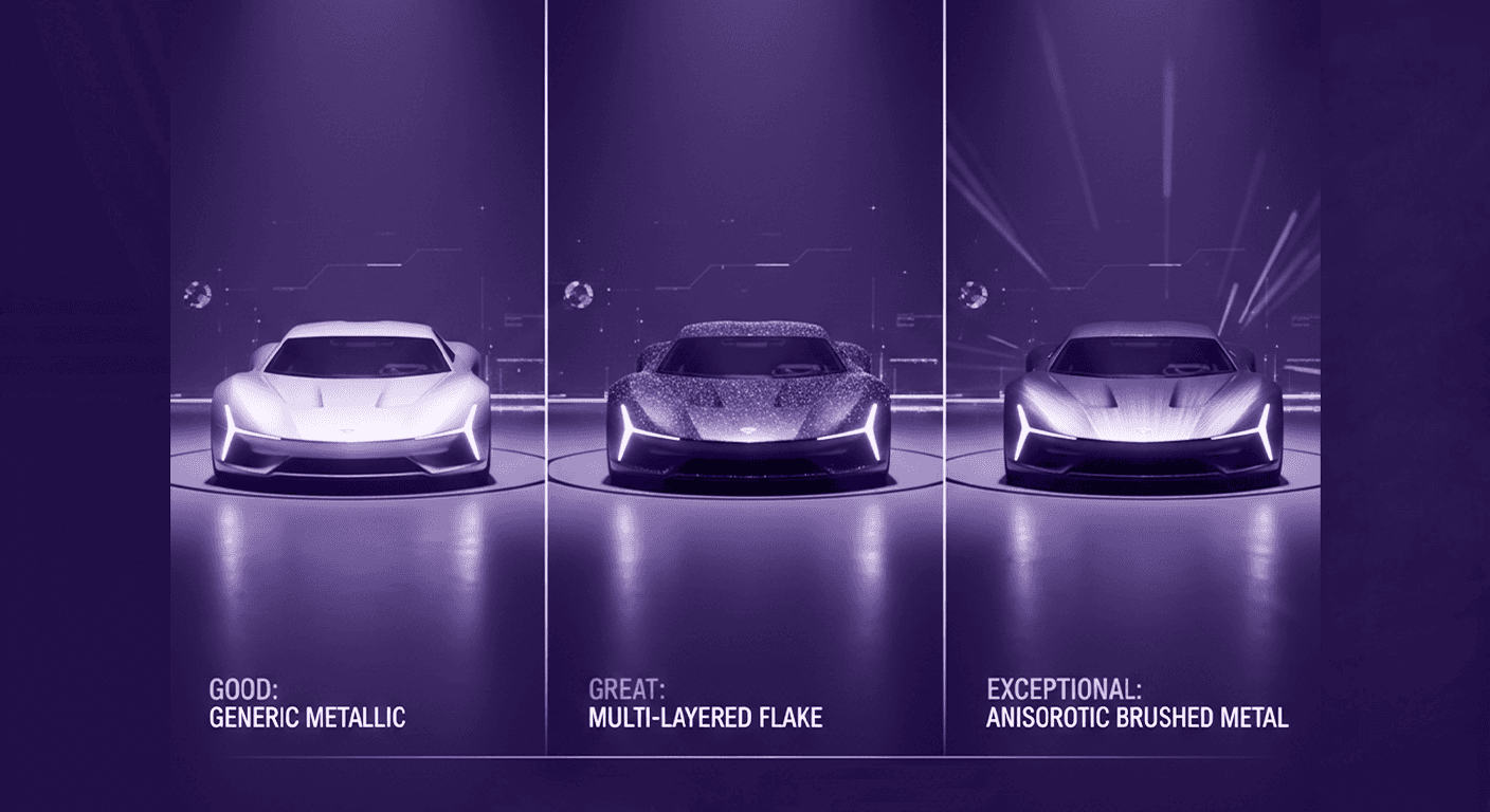 Metal Texture Refinement for Superior Car Renders - Abstract Visualization An abstract representation of a three-panel comparison of car renders: Good shows Generic Metallic, Great shows Multi-layered Flake, and Exceptional displays Anisotropic Brushed Metal with realistic light streaks.