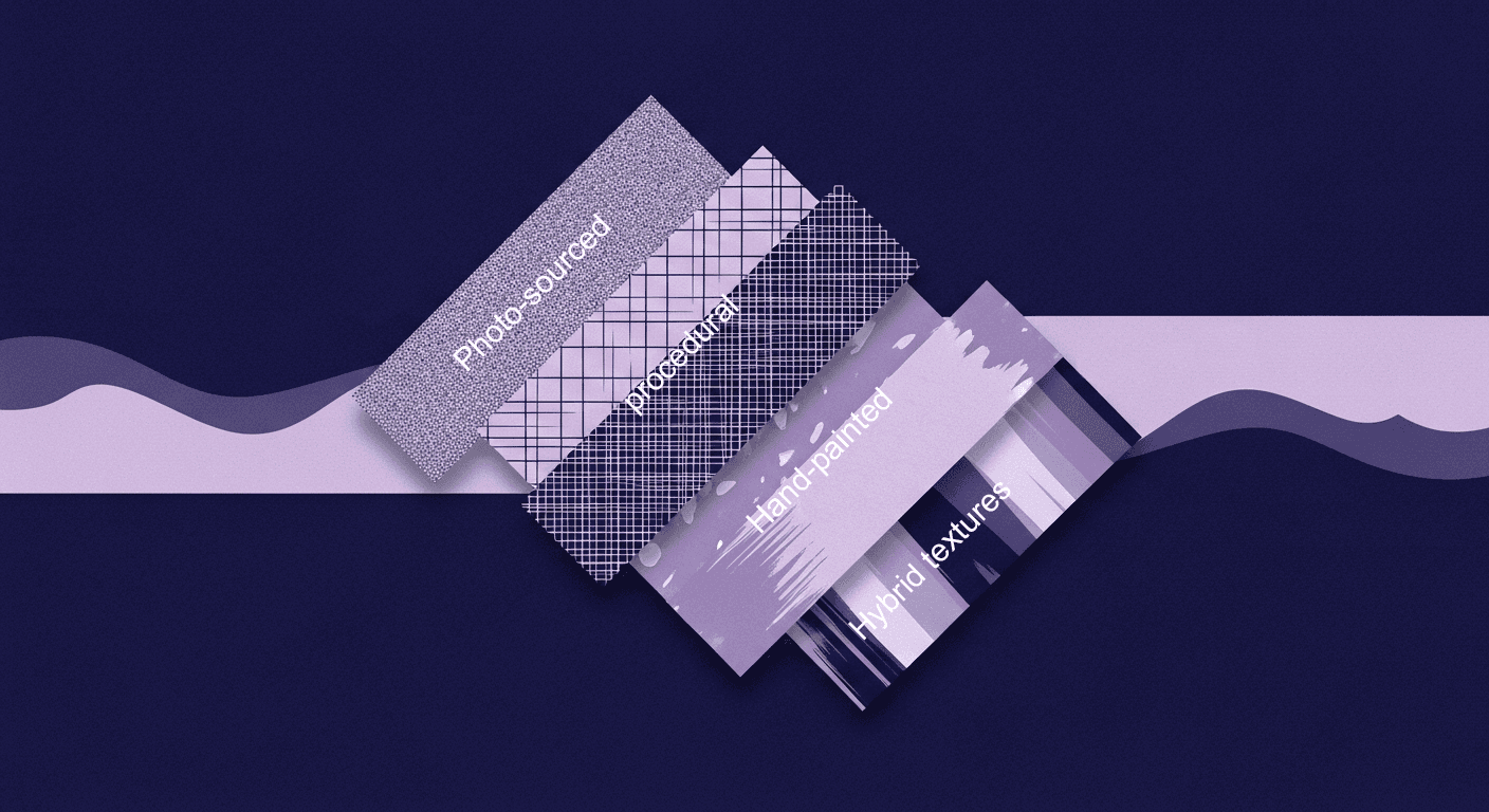 Master Texture Selection - Abstract Workflow Concept An abstract concept illustrating the importance of foundational texture selection in a workflow, showing a line choosing shapes from grouped collections to form a complex surface.